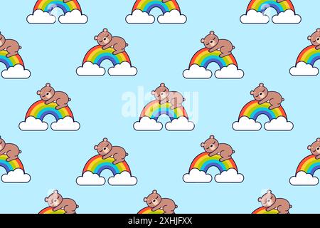 Cute bear sleeps on the rainbow. Seamless vector pattern. Stock Vector