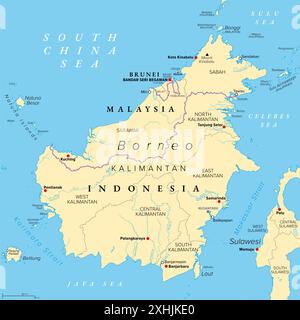 Borneo, divided among Malaysia, Brunei and Indonesia, political map. Third-largest island in the world and one of the Greater Sunda Islands. Stock Photo