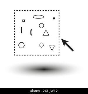 Vector selection box. Geometric shapes inside. Arrow pointer. Dotted outline. Stock Vector