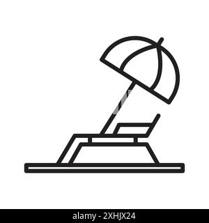 Beach chair with umbrella icon Black line art vector in black and white outline set collection sign Stock Vector