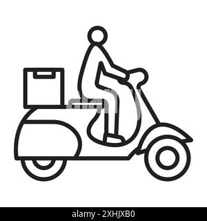 Delivery man riding motorcycle icon Black line art vector in black and white outline set collection sign Stock Vector