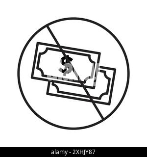 No cash sign Black line art vector in black and white outline set collection sign Stock Vector