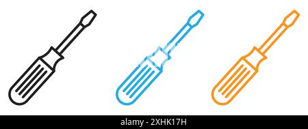 Screwdriver icon Black line art vector in black and white outline set collection sign Stock Vector