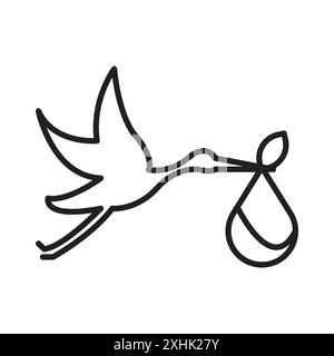 Stork with baby icon Black line art vector in black and white outline set collection sign Stock Vector