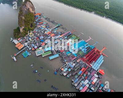 Aerial view of Panyee island in Phang Nga Thailand,Wide angle landscape Floating village, Koh Panyee fishing village island in Phang Nga, Thailand Stock Photo