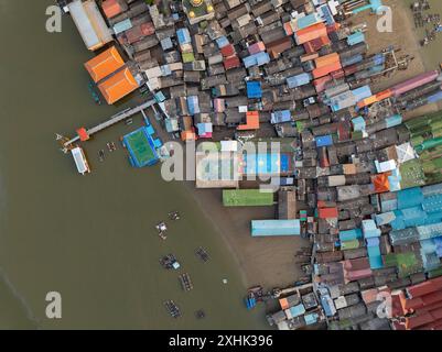 Aerial view of Panyee island in Phang Nga Thailand,Wide angle landscape Floating village, Koh Panyee fishing village island in Phang Nga, Thailand Stock Photo