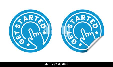Get started circle sticker with line hand pressing start button. Vector isolated on white background Stock Vector