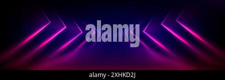 Neon light tunnel perspective. Vector realistic illustration of dark hall with triangular shape geometric lamps, purple and pink color illumination glowing in dark corridor, futuristic virtual portal Stock Vector