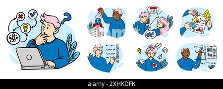 Business scenes. Outline office people work in bundle. Project presentation. Partners meeting. Brainstorm and discussion. Company marketing. Managers job. Professional planning. Vector concepts set Stock Vector