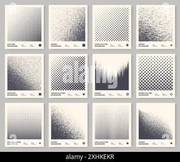 Halftone pattern. Square gradient. Black color gradation. Wavy grain line texture. Dot shadow geometric elements. Monochrome graphic spray effect. Fade points. Frame design. Vector backgrounds set Stock Vector