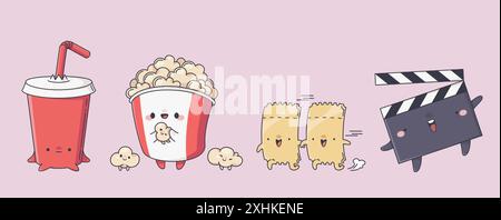 Cute cinema cartoon characters with kawaii style faces. Comic vector illustration set of happy funny movie mascot - paper cup with soda, bucket with popcorn, two ticket friends and film clapper. Stock Vector