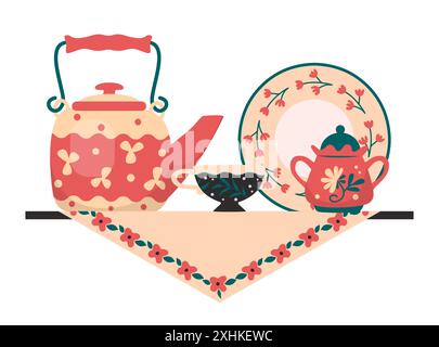 Tea tableware on shelf. Ceramic teapot. Cups with saucers. Kitchen utensil. Drink serving. Home shelving with porcelain mugs and plates. Floral ornament. Kettle on napkin. Vector crockery composition Stock Vector