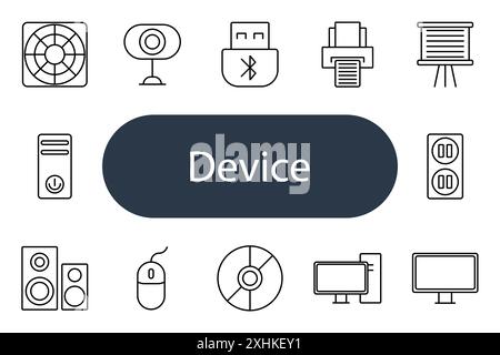 Device set icon. Fan, webcam, USB, printer, projector, CPU, speaker, mouse, CD, monitor, outlet, port, hardware, electronics, peripheral, tech. Stock Vector