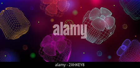 3d futuristic cyber gift box offer background. Tech shopping internet poster with neon glossy package and ribbon vector. Marketing holiday celebration graphic design with wireframe and blur effect Stock Vector