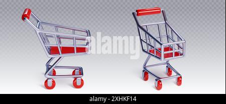 Empty shopping carts set isolated on transparent background, Vector realistic illustration of trolley mockup with metal basket and red wheels, supermarket, mall, shop equipment for buying goods Stock Vector