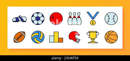 Sports balls set icon. Soccer ball, bowling ball, bowling pins, medal, baseball, football, volleyball, chart, helmet, trophy, basketball. Stock Vector