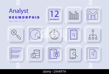 Analyst set icon. Graph, chart, magnifying glass, statistics, data, report, timeline, dollar, organization, hierarchy, clipboard, smartphone. Stock Vector