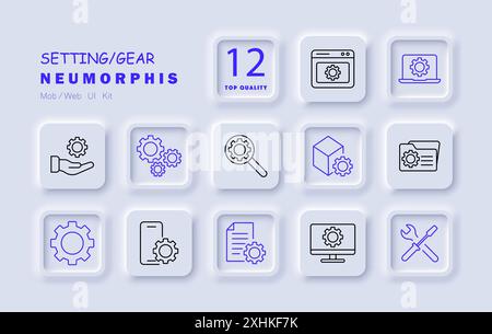 Setting gear set icon. Browser, laptop, smartphone, toolbox, wrench, file, configuration, management, repair, technical, service, control. Stock Vector
