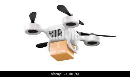 3d unmanned drone package delivery technology icon. Realistic aerial quadcopter robot flight with parcel and propeller render. Remote wireless control for cargo or mail innovation shipping design Stock Vector