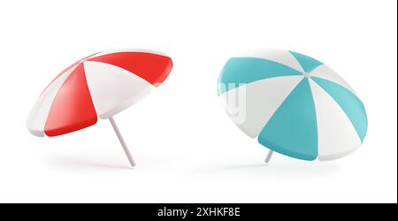 3d summer beach umbrella in blue and red icon. Realistic outdoor sunshade for resort pool or garden. Tropical summertime and striped travel accessories for sun protection isolated render object Stock Vector