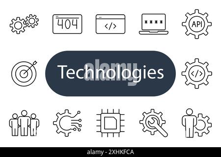 Technologies set icon. Gears, 404 error, code, password, API, target, team, circuit, chip, magnifying glass. Concepts of tech and innovation. Stock Vector