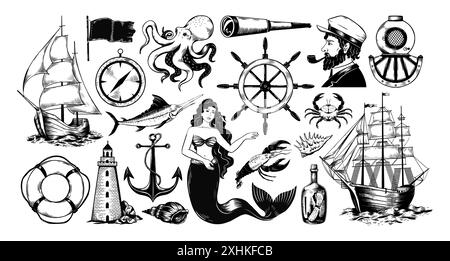 Vintage sailor ship. Sea elements. Ocean lighthouse. Ancient sailing boat with anchor. Trident of Poseidon. Mermaid on waves. Octopus and crab. Navigation compass. Black flag. Vector marine logo set Stock Vector
