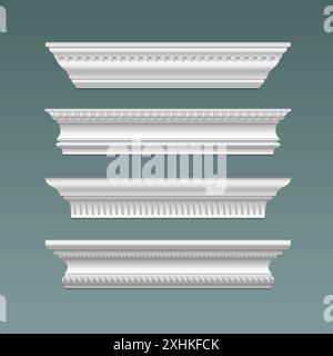 Wall and ceiling white classic gypsum cornice with ornament. Realistic 3d vector illustration set of molding crown trim for classic home interior design. Styrofoam ledge plinth decoration with pattern Stock Vector