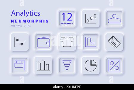 Analytics set icon. Bar chart, wallet, t-shirt, growth graph, ticket, funnel, pie chart, statistics, percentage, financial analysis. Stock Vector