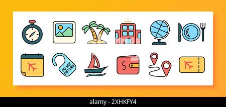 Vacation icon set. Compass, photo, palm tree, hotel, globe, dining, calendar, do not disturb, sailboat, wallet, location markers, ticket. Stock Vector