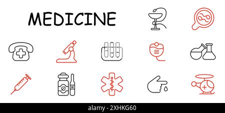 Medicine set icon. Hospital, microscope, test tubes, stethoscope, beakers, syringe, medication, ampoule, ambulance, diagnosis, healthcare. Stock Vector