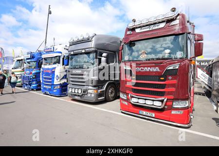 Show-Trucks im Fahrerlager des Truck-GP auf dem Nuerburgring  ADAC Truck Grand Prix, Nurburgring, 11.-14-07.2024, Nuerburg, Eifel, Rheinland-Pfalz, Deutschland, 13.07.2024  Foto: Eibner-Pressefoto/Juergen Augst Stock Photo