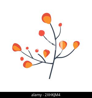 Folk plant. Simple red orange leaves on a branch. Autumn botany yellow berries Minimalistic style. Flat isolated vector illustration. No AI. hand drawn Stock Vector