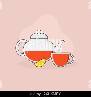 Delicious Organic Tea in a Glass Teapot and Cup with a Slice of Lemon. Cartoon Vector Illustration. Stock Vector