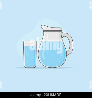 Glass Decanter and Glass Filled with Water on Blue Background. Cartoon Composition of a Jug and Glass with Water and Bubbles Vector Illustration. Stock Vector