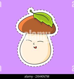 Sticker with contour mushroom . cartoon character. Colorful vector illustration. Isolated on color background. Template for your design. Stock Vector