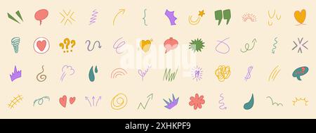 Colorful collection of anime emotion effects. Manga set of arrows, sparkles, expression signs. Vector illustration. Stock Vector