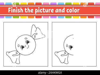 Finish the picture and color. Cartoon character isolated on white background. For kids education. Activity worksheet. Stock Vector