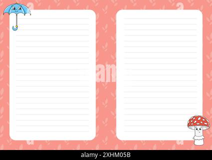 Colored sheet template for notes. Paper page for journal, notebook, diary, letters, schedule, organizer. Cute cartoon character. Lined sheet. Vector i Stock Vector