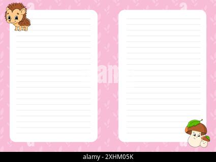 Colored sheet template for notes. Paper page for journal, notebook, diary, letters, schedule, organizer. Cute cartoon character. Lined sheet. Vector i Stock Vector