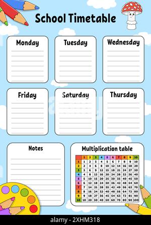 School timetable. For the education of children. Isolated on color background. With a cute cartoon character. Vector illustration. Stock Vector