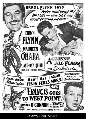 1953 British advertisement for the movie Against All Flags, starring Errol Flynn, Maureen O'Hara and Anthony Quinn, and Francis Goes To West Point, starring Donald O'Connor. Stock Photo