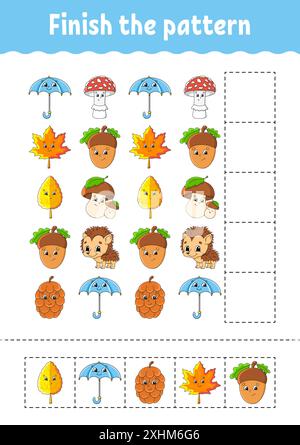 Finish the pattern. Cut and play. Education developing worksheet. Autumn theme. Activity page. cartoon character. Vector illustration. Stock Vector