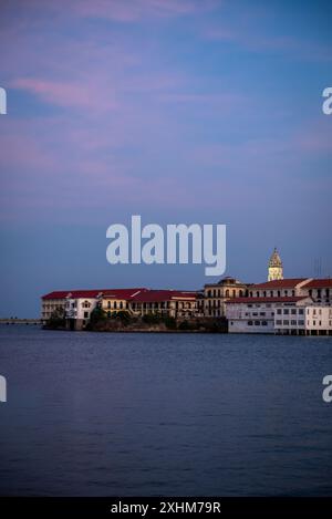View of Casco Viejo at dusk, the old city centre, Panama City, Panama Stock Photo