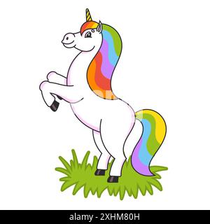 The magical unicorn reared up. The animal horse stands on its hind legs. Cartoon style. Simple flat vector illustration. Stock Vector