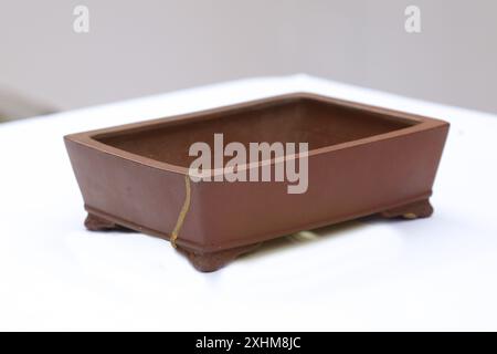 Brown empty bonsai pot on white background Stock Photo