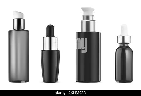Airless serum bottle mockup. Cosmetic essence dropper flask. Face skin care beauty product design. Silver lid pump packaging for hair oil or shampoo. Stock Vector