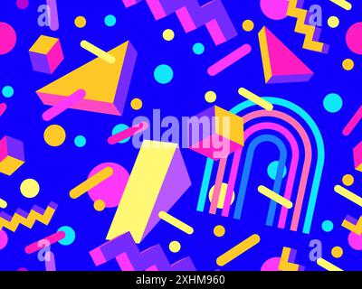 Geometric seamless pattern in 80s style. Colorful geometric pattern with isometric geometric 3D shapes. Design of promotional products, wrapping paper Stock Vector