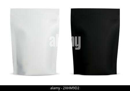 Coffee zipper pouch mockup. Plastic protein bag design. Food snack paper package vector template for supermarket merchandise. Monochrome pillow packag Stock Vector