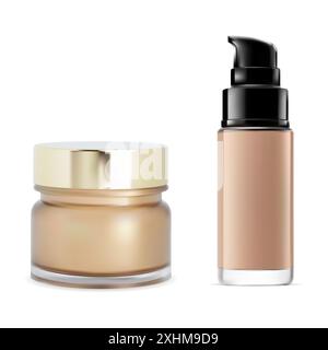 Foundation makeup cosmetic template design. Pump dispenser bottle mockup for skin care product. Face powder jar for premium vector poster. Airless dro Stock Vector