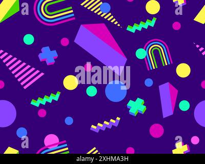 Geometric seamless pattern in 80s style. Colorful geometric pattern with isometric geometric 3D shapes. Design of promotional products, wrapping paper Stock Vector